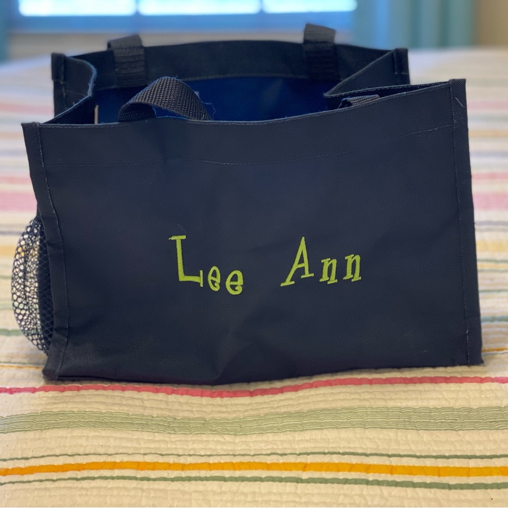 Thirty One All in One Organizer navy blue with lime green Lee Ann embroidered